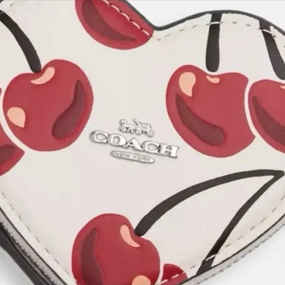 Coach CZ091 Leather Heart Coin Pouch Bag Charm With Cherry Print - Picture 5 of 5